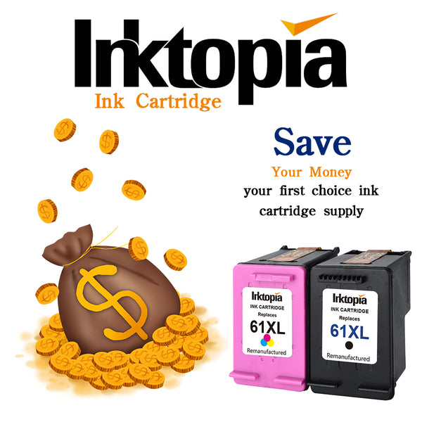 Inktopia Remanufactured for HP 61 Ink Cartridges High Yield 1 Black + 1 Tri-Color Ink Level Display for HP Envy 4500 5530 5534 HP Deskjet 1000 1512 2540 3050 3510 HP Officejet 4630 2620 4632 Printer