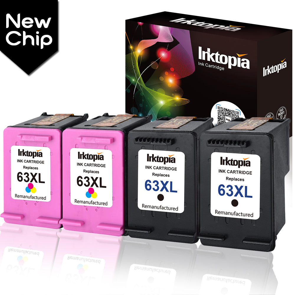Inktopia Remanufactured Ink Cartridges Replacement for HP 63XL 63 XL Updated Chip 4 Packs Envy 4520 4526 Officejet 3830 4650 5255 5258 DeskJet 1110 1112 2130 2131 3632 Printer